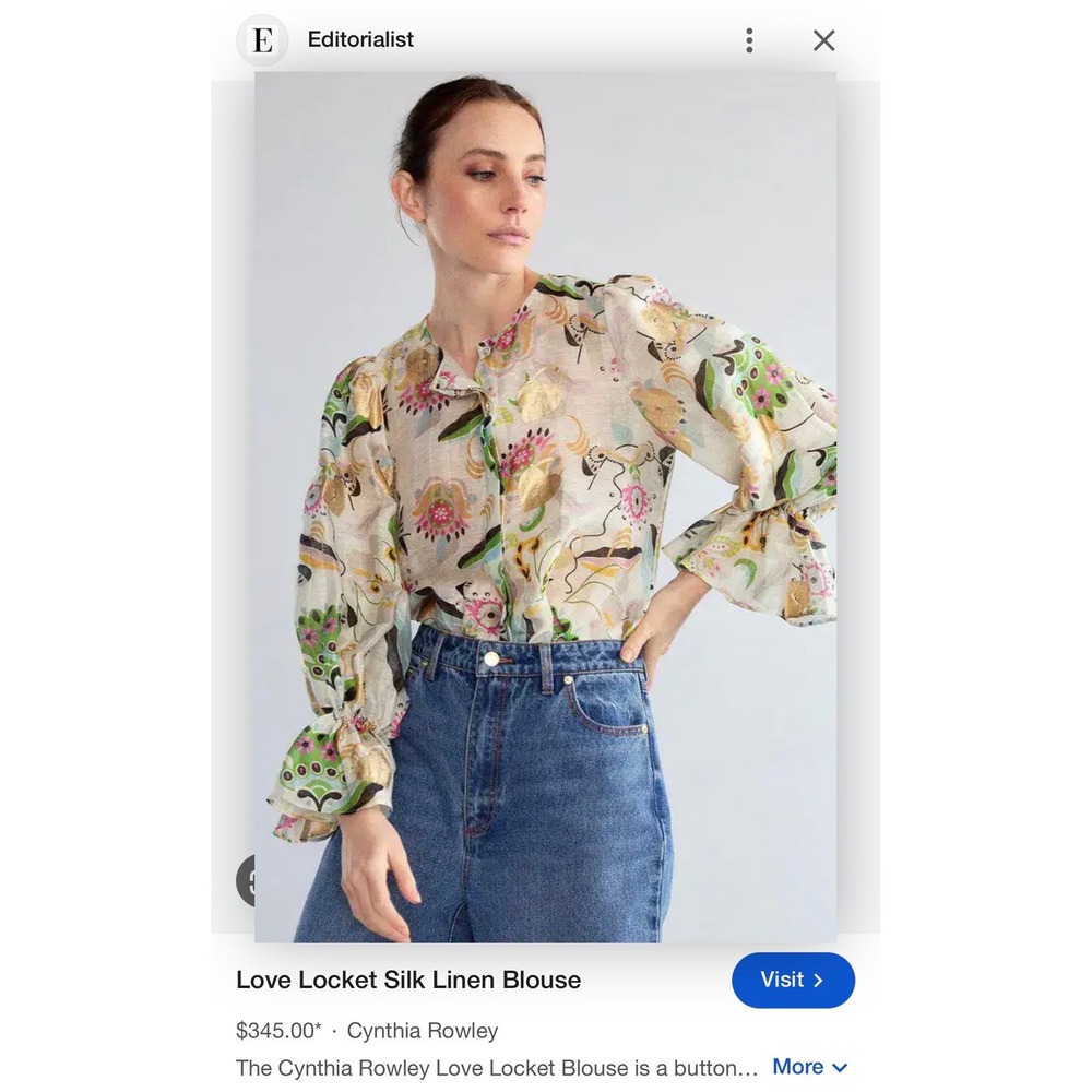 Cynthia Rowley Love Locket Linen Silk Puff Sleeve Blouse Gold Foil Ivory Small - Picture 2 of 13